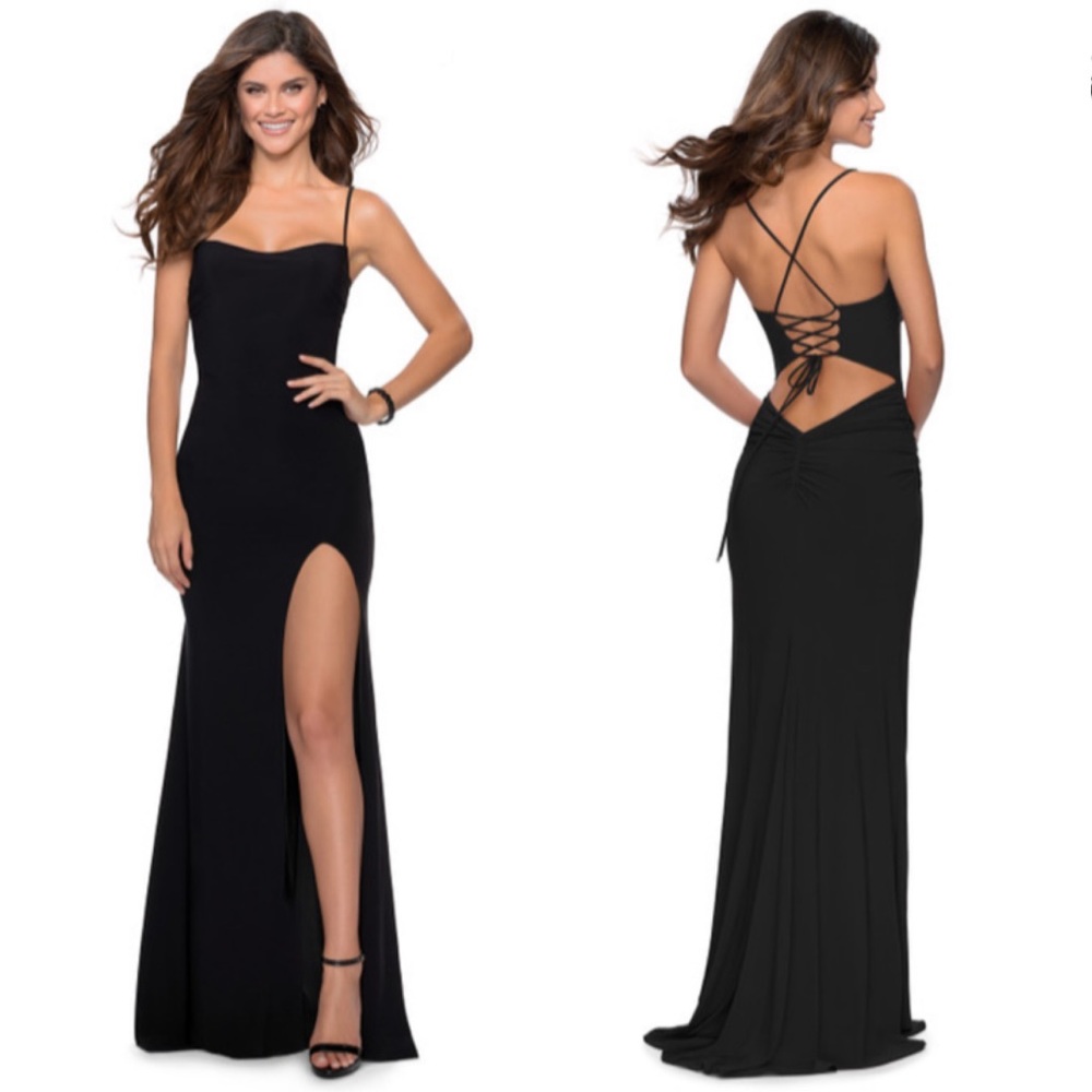 La Femme Spaghetti Strap Jersey Gown Maxi Dress Gown 28792 in Black Size 8 NWT